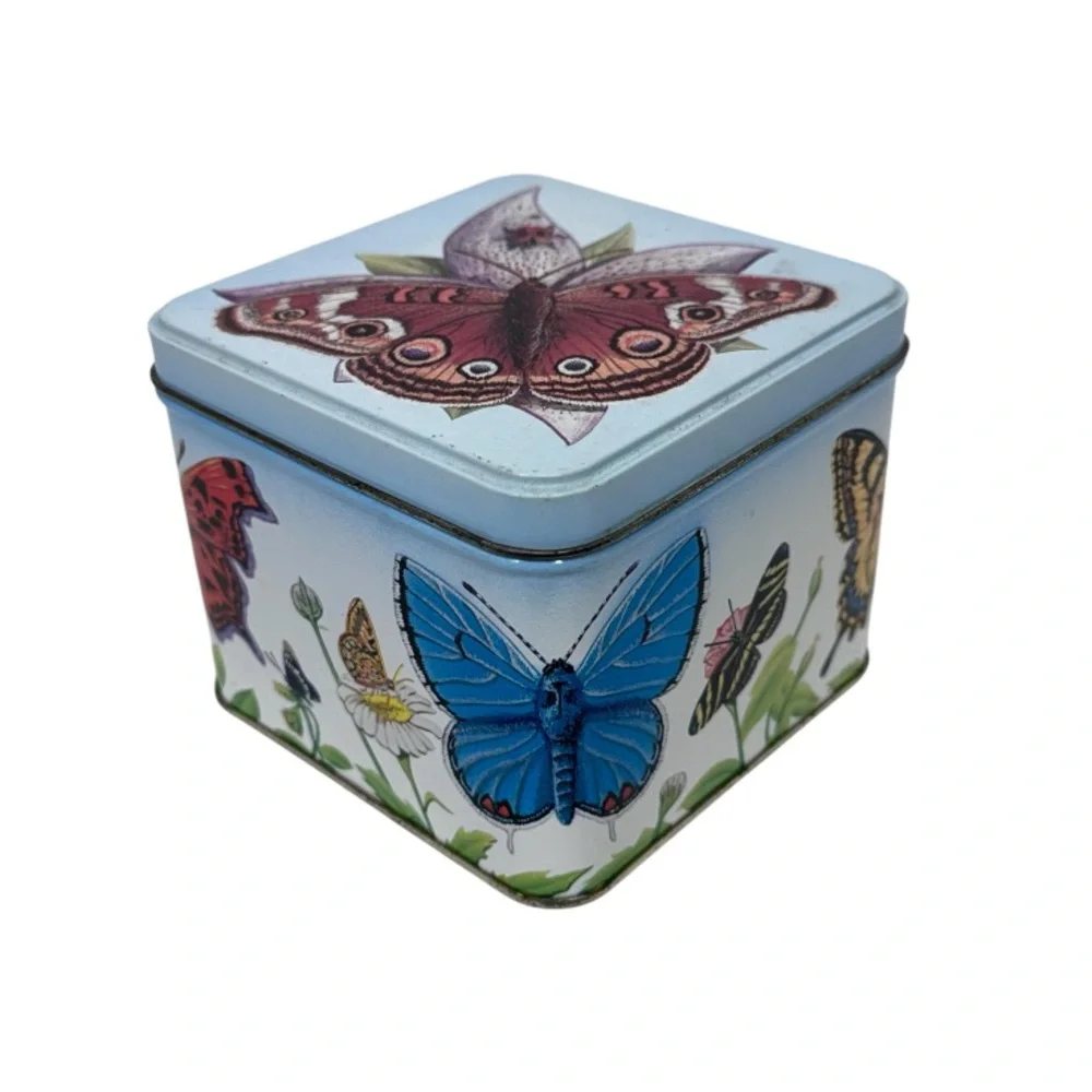 Early 90’s Vintage Butterfly & Flower Print Square Tin Box With Lid